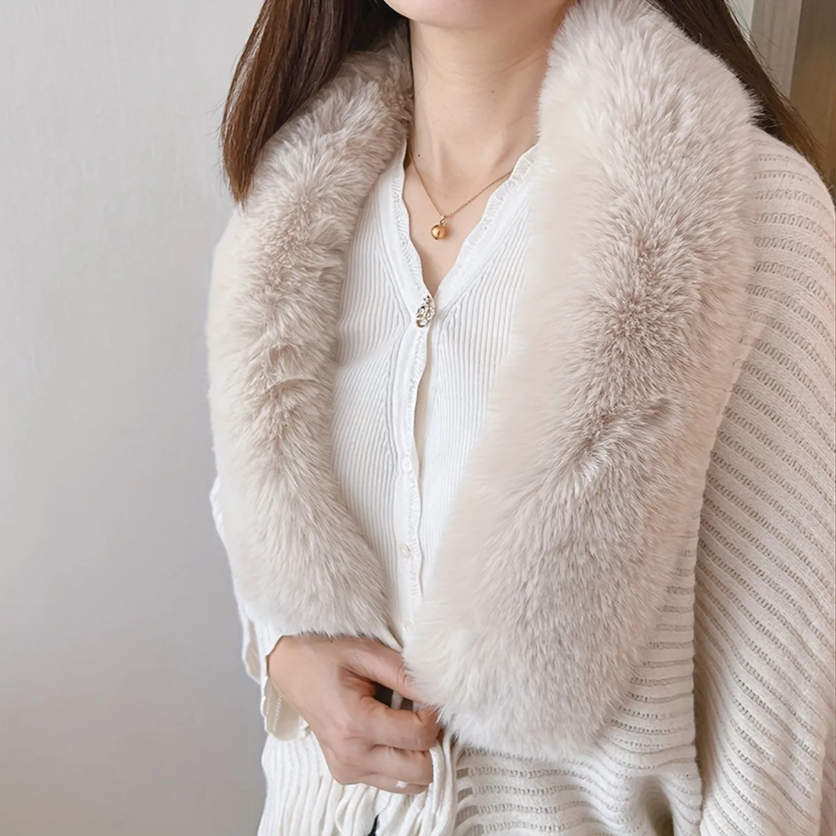 Winter Faux Fur Collar Shawl Cape Solid Color Warm Shawl Coat Casual Loose Outer Wear Knit Shawl Wrap