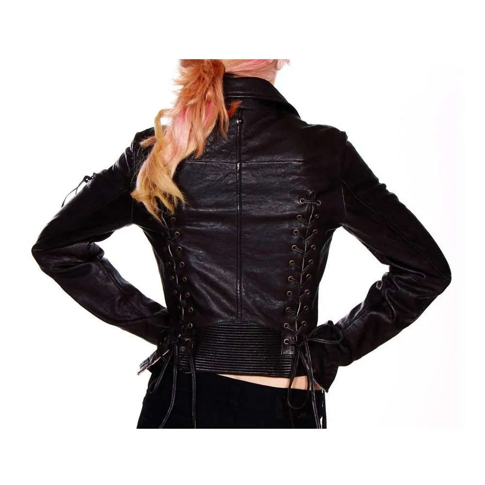 Women Vintage Stripe Leather Motorcycle Jacket