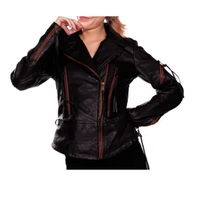 Women Vintage Stripe Leather Motorcycle Jacket