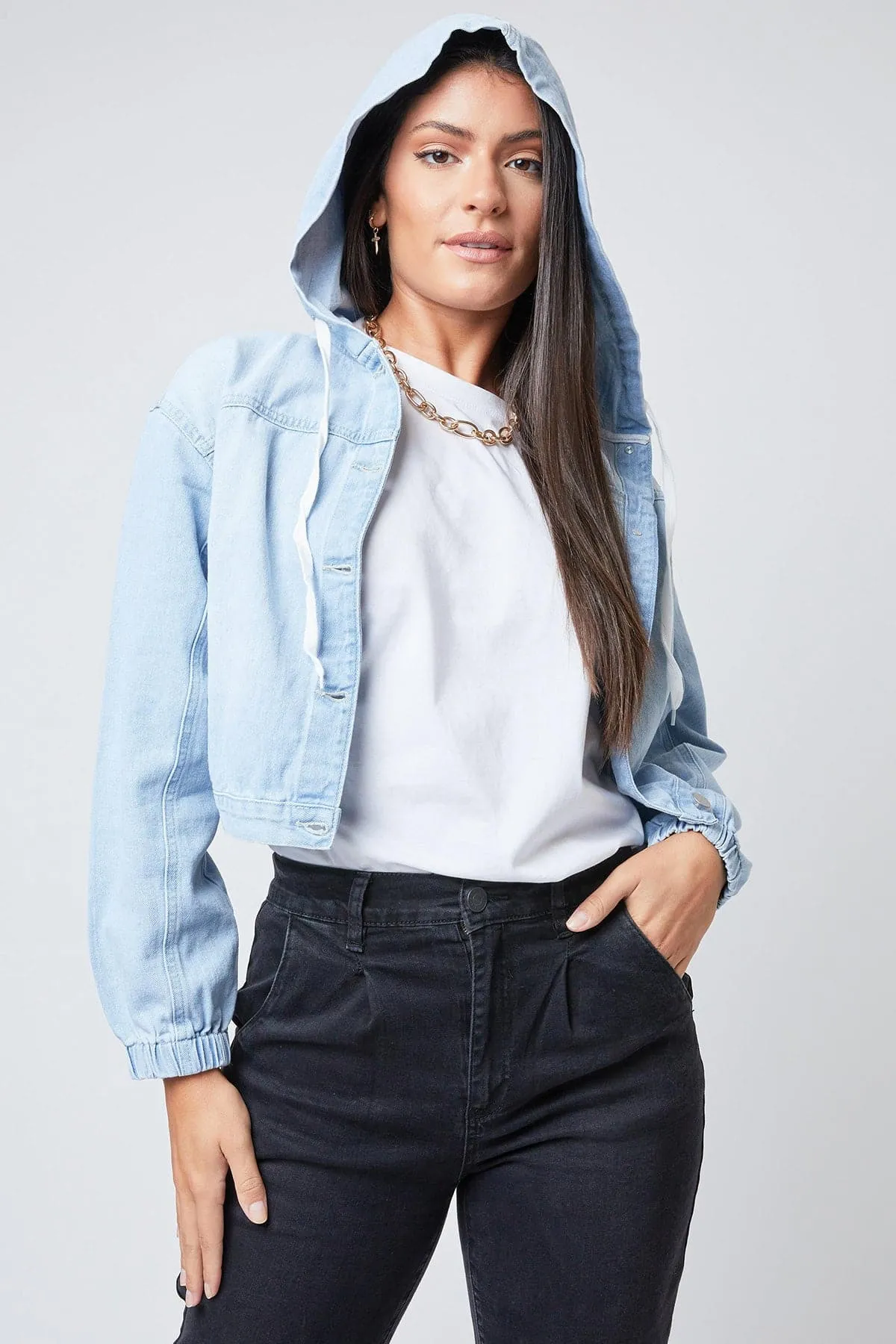 Women's Crop Hooded Denim Jacket Deal