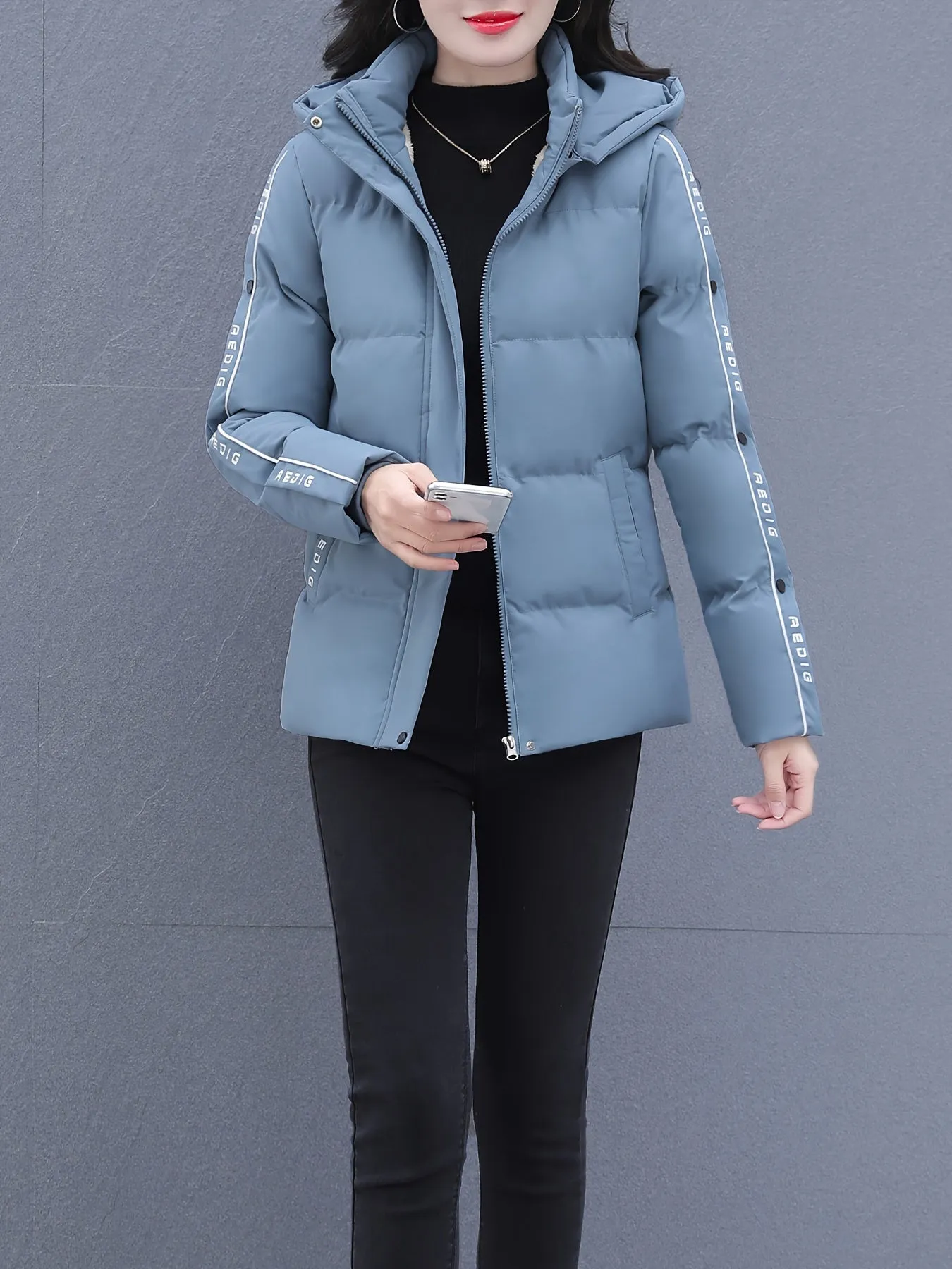 Women's Plus Size Fashion Puffer Jacket - Casual Hooded Winter Coat with Zip-Up Front, Long Sleeves & Letter Print Design