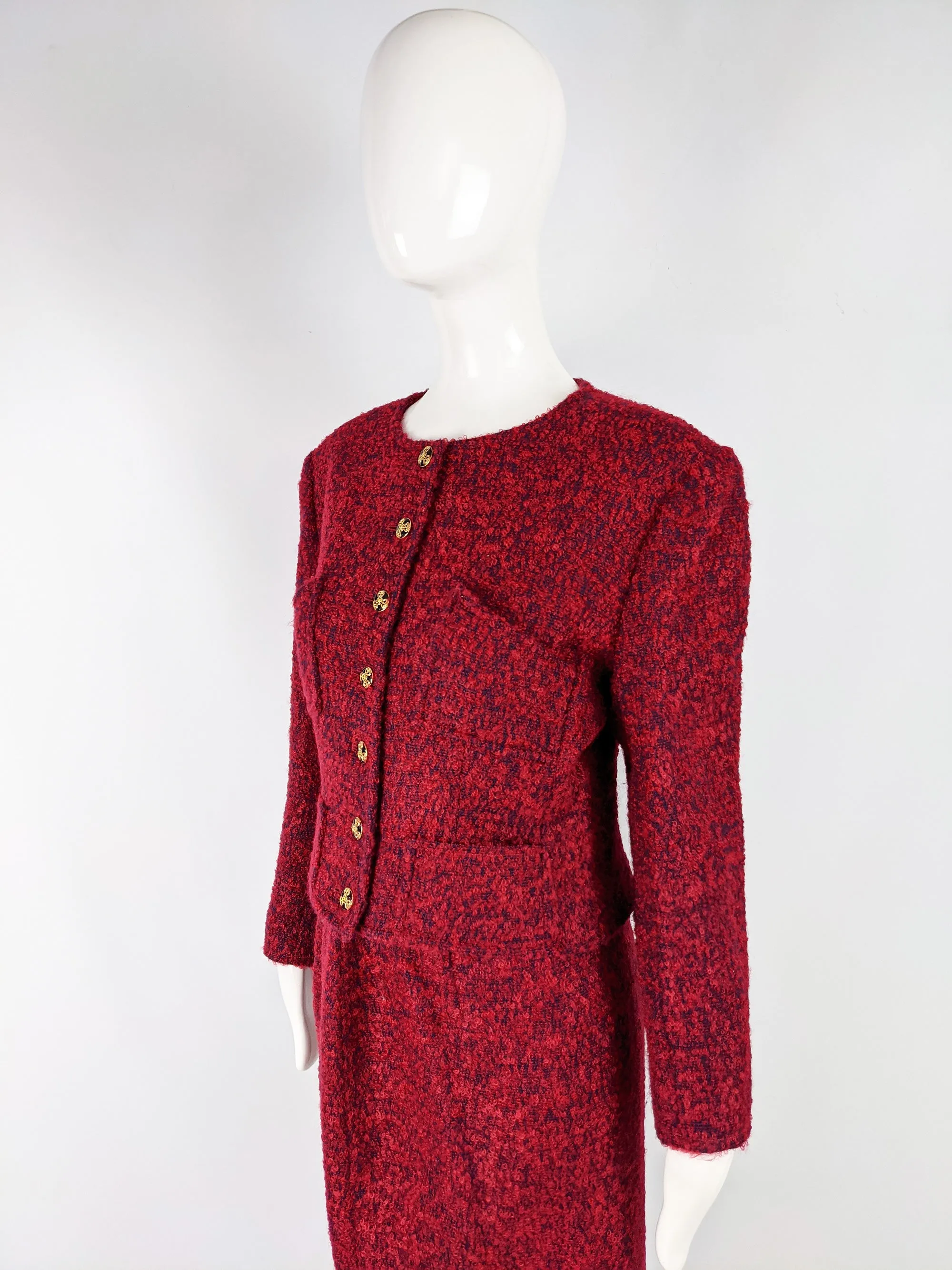 Womens Vintage Red Mohair Tweed 2 Piece Skirt Suit, 1990s