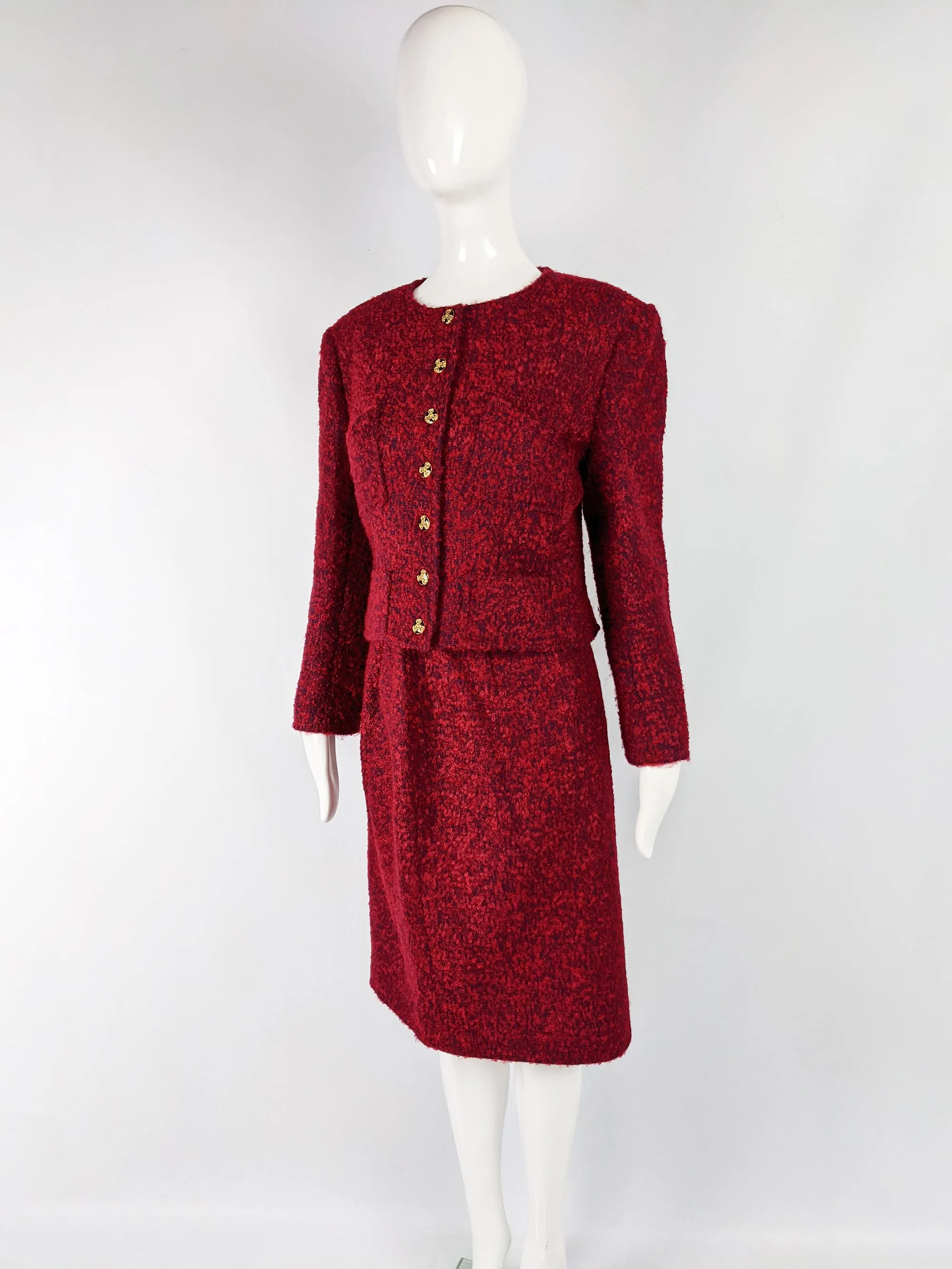 Womens Vintage Red Mohair Tweed 2 Piece Skirt Suit, 1990s