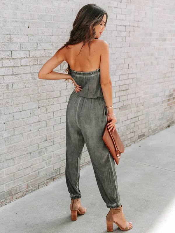 Wrapped Chest Washed Distressed Lace-Up Jumpsuit