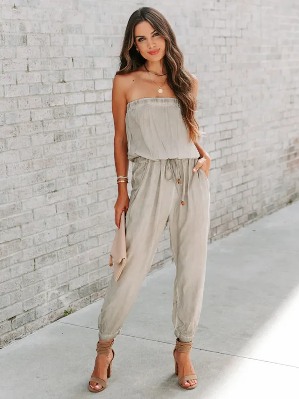 Wrapped Chest Washed Distressed Lace-Up Jumpsuit