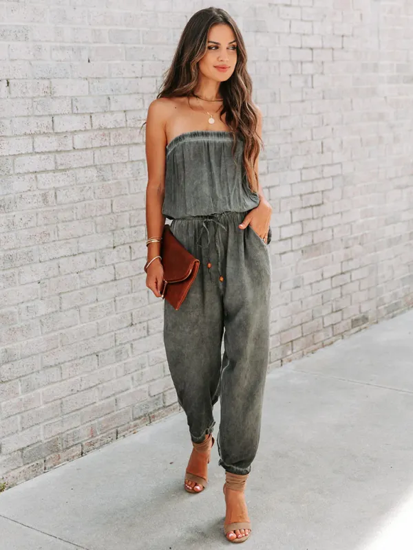 Wrapped Chest Washed Distressed Lace-Up Jumpsuit