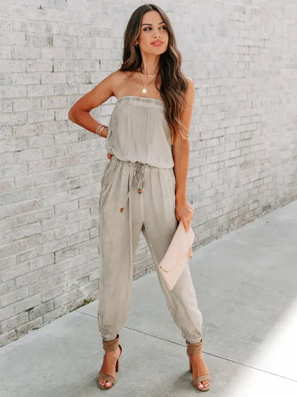 Wrapped Chest Washed Distressed Lace-Up Jumpsuit