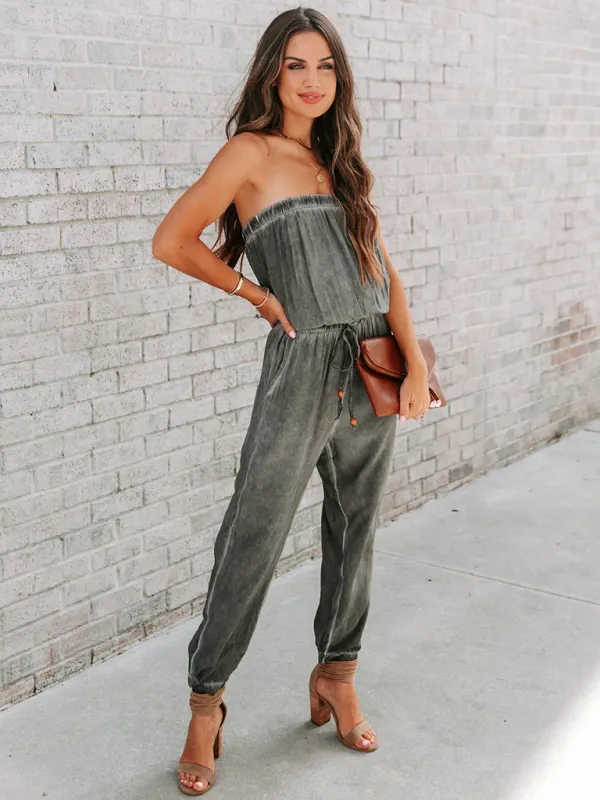 Wrapped Chest Washed Distressed Lace-Up Jumpsuit