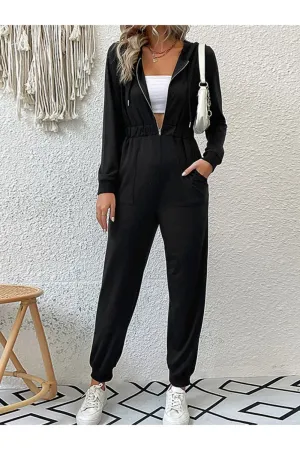 Zip Up Elastic Waist Hooded Jogger Jumpsuit