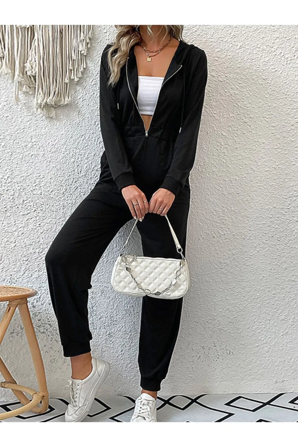 Zip Up Elastic Waist Hooded Jogger Jumpsuit