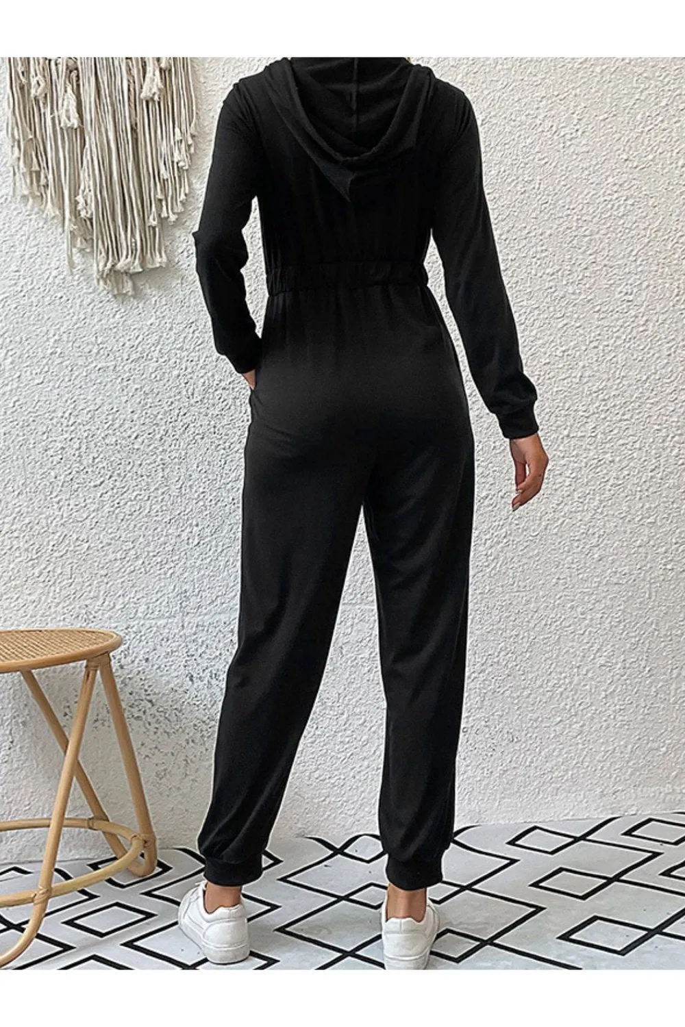 Zip Up Elastic Waist Hooded Jogger Jumpsuit