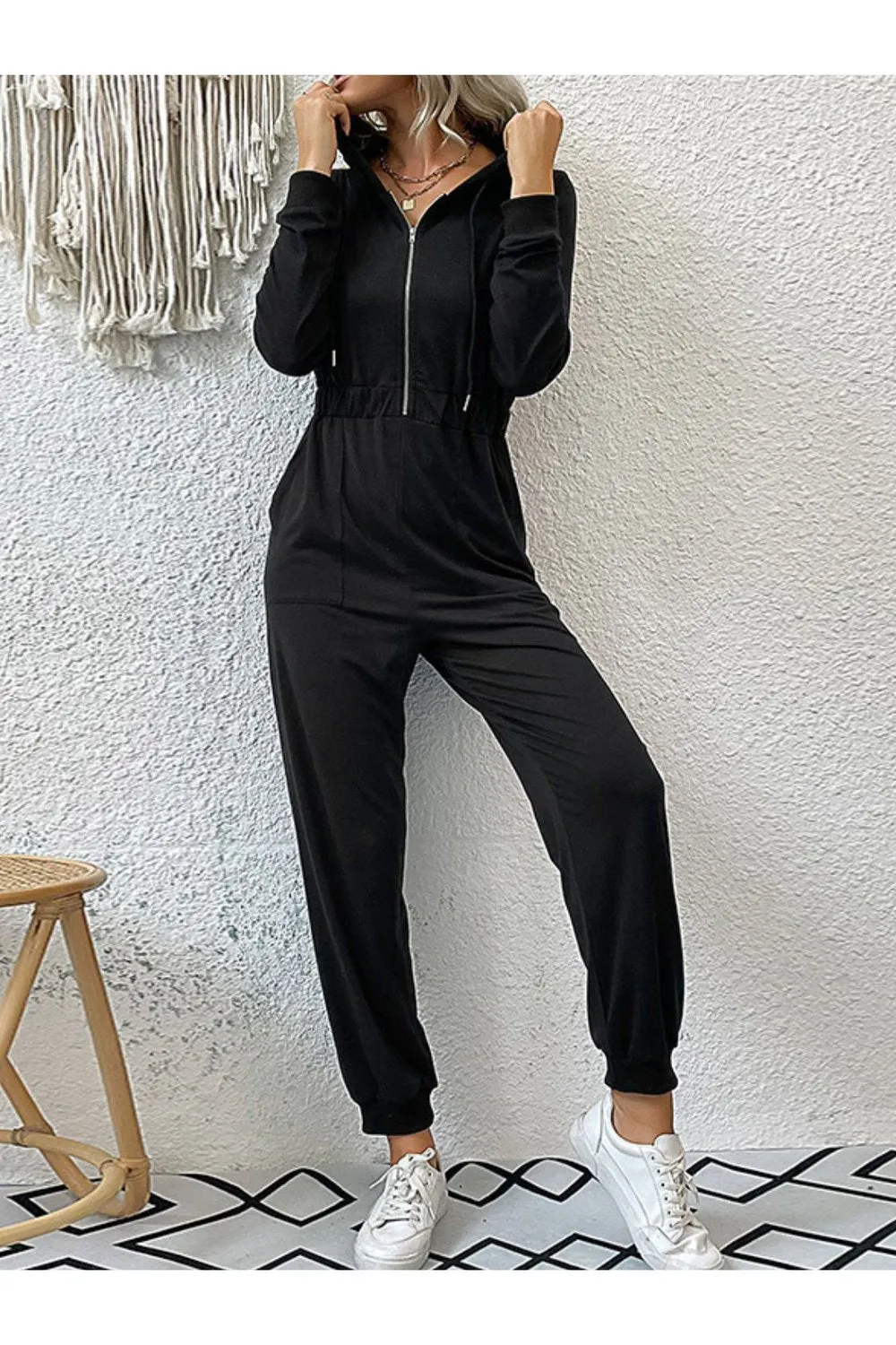 Zip Up Elastic Waist Hooded Jogger Jumpsuit